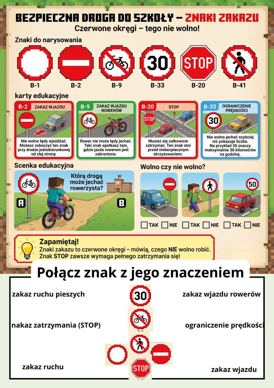 Karta pracy z ruchu drogowego: znaki zakazu w Minecraft
