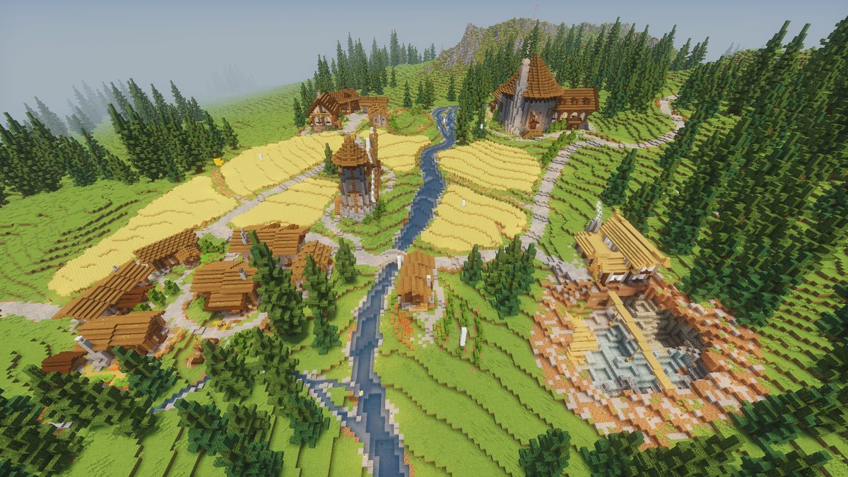 Wioska zbudowana w Minecraft na misję 1: pola, rzeka i młyn